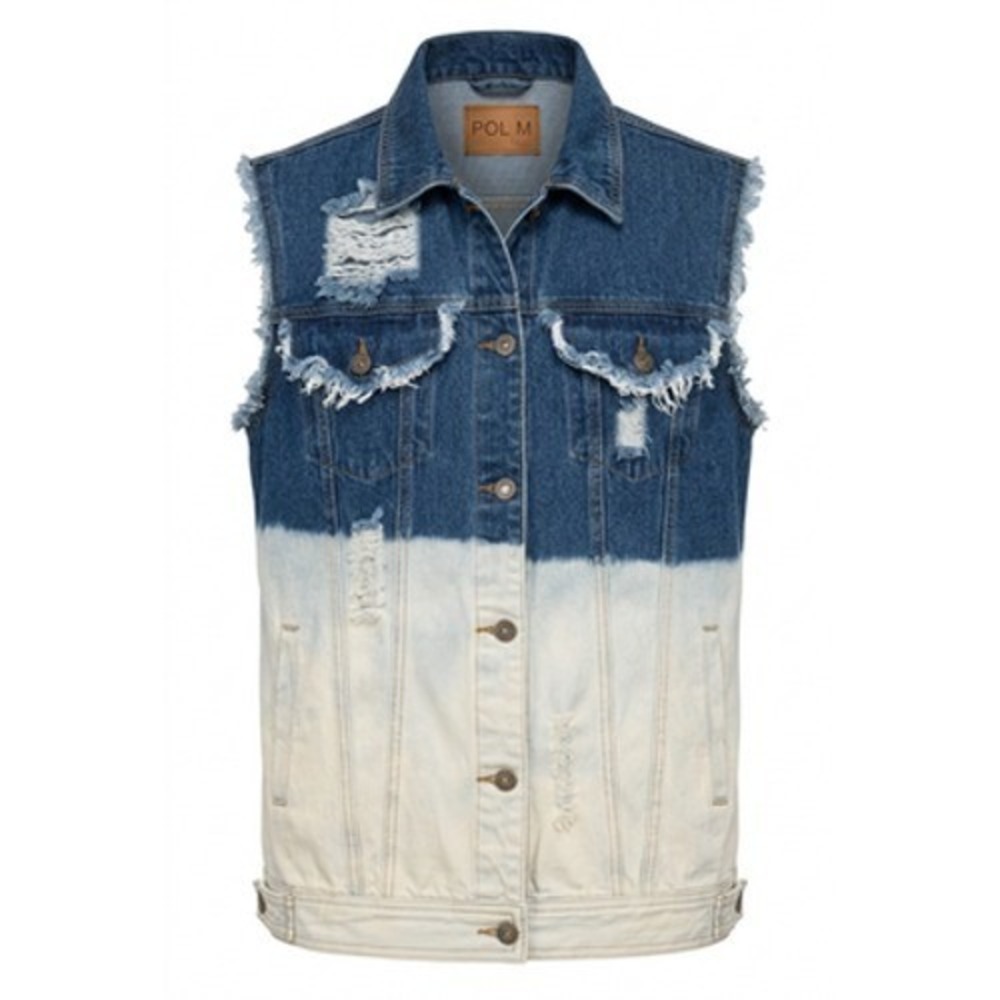 POL Denim Vest Women M Blue Ombre Distressed Frayed Sleeveless‎ Love Quote Back